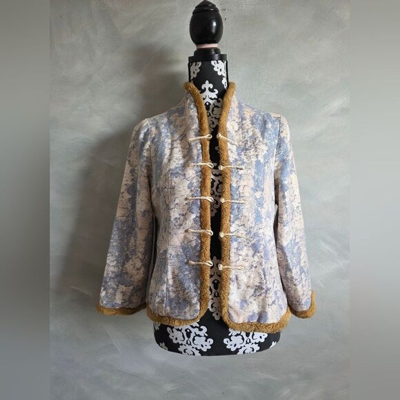 Chinese Style Womens Faux Fur Trim Embroidered Jacket Stand Collar Knot Closure - Picture 1 of 13